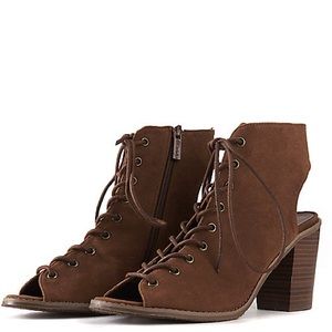 Tan lace up chunky heel booties